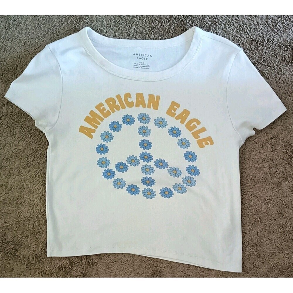 American Eagle Baby Tee Size Large Babydoll Beige Floral Peace Sign Fairy Y2K